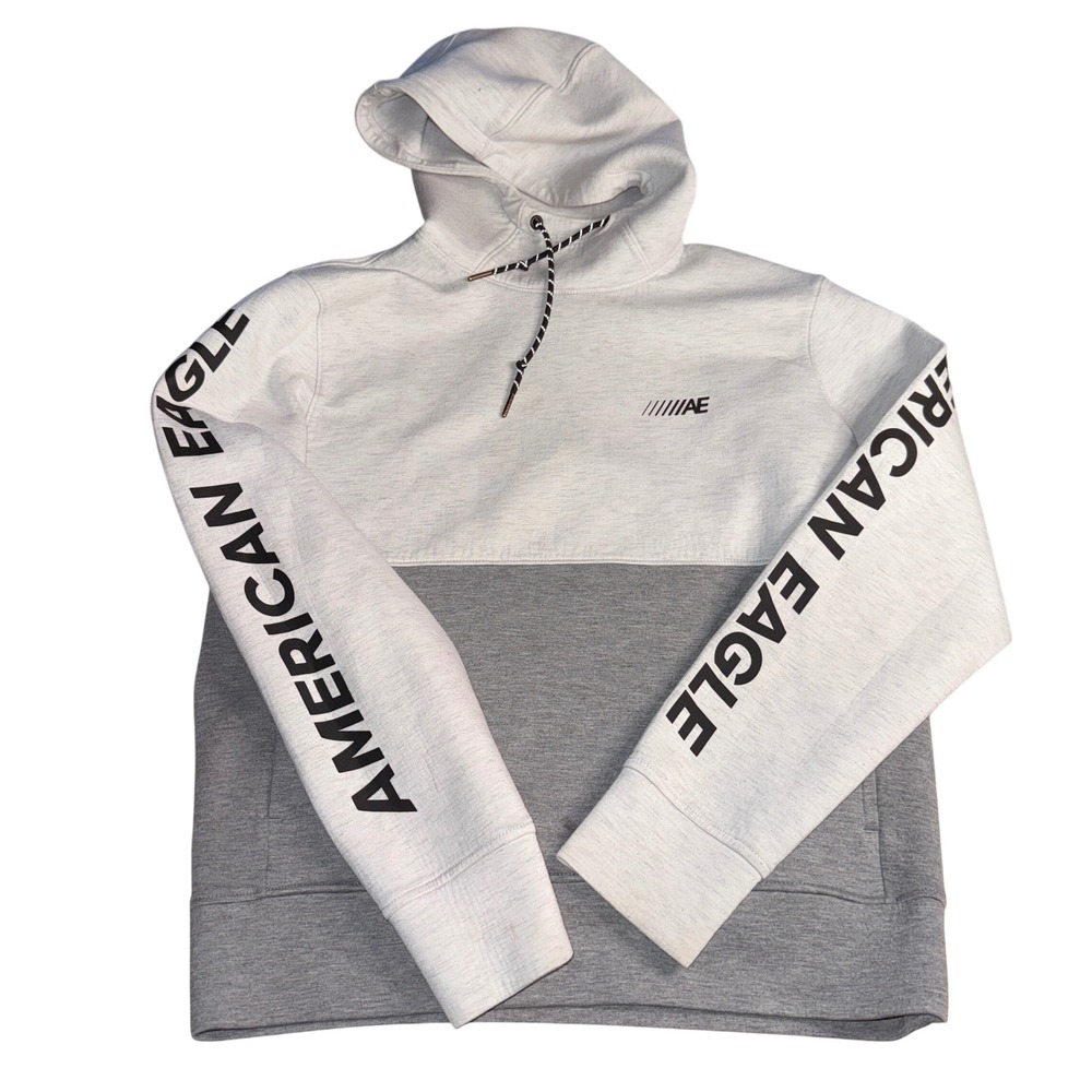 American Eagle Hoodie Size Medium Grey Colorblock Graphic Sleeve Pullover Mens
